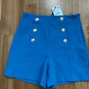 Zara High Waist Blue Women's Shorts with Gold Buttons